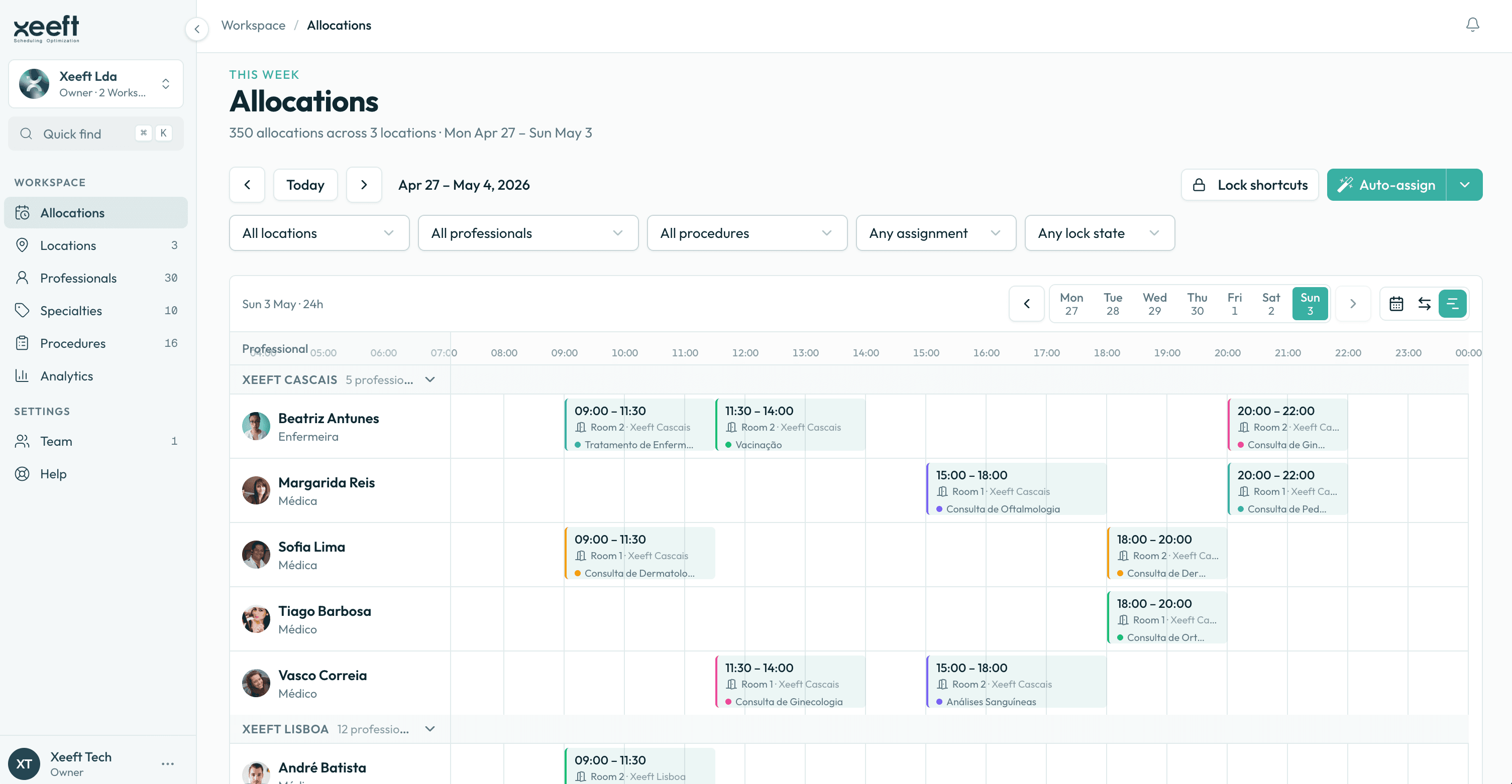 Xeeft Allocations. Weekly schedule across locations and professionals